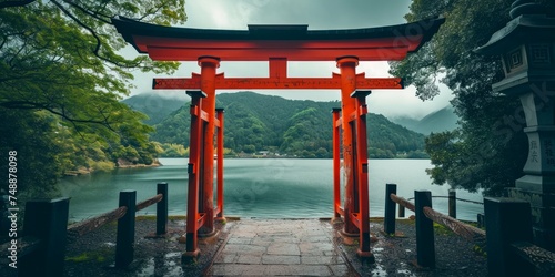 Japan red tori gate with lake background photo