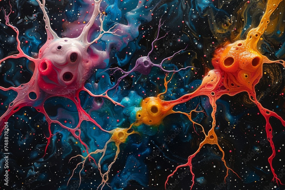 Colorful neurons connecting concepts in a brain illustrating cognitive development and innovation - obrazy, fototapety, plakaty 