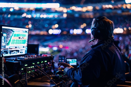 Sports broadcast technician operating equipment at a crowded stadium event. photo
