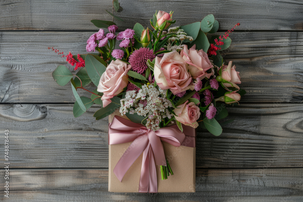 Gift box tied with ribbon and a bouquet of flowers on wooden background. Generative AI