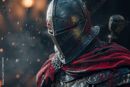 Portrait of a medieval knight in armor, covered with a red cloak, close-up