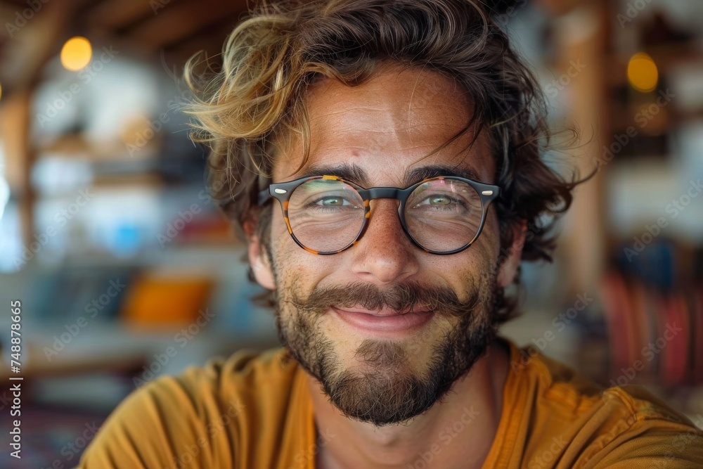 Smiling man with curly hair and eyeglasses, looking directly at camera