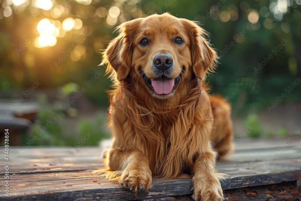 An adorable golden retriever smiles on a warm, sunny day, lying comfortably on a rustic wooden deck