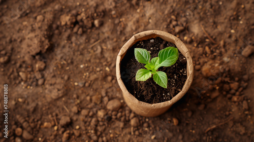 Young Basil Plant in Biodegradable Pot on Earthen Ground 