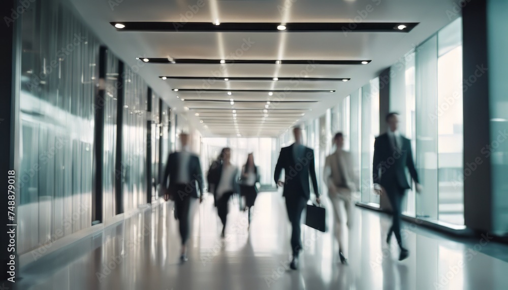 businesspeople walking in the corridor of an business center, pronounced motion blur