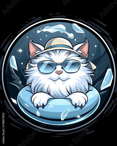 idea for stickers, stickers on clothes. Kitten and inflatable swimming tank. Surrounded by waves.