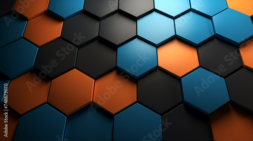 Blue and orange hexagons background pattern 3D rendering, Ai generated image