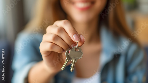 Gros plan sur une femme avec des clés de maison dans ses mains. photo