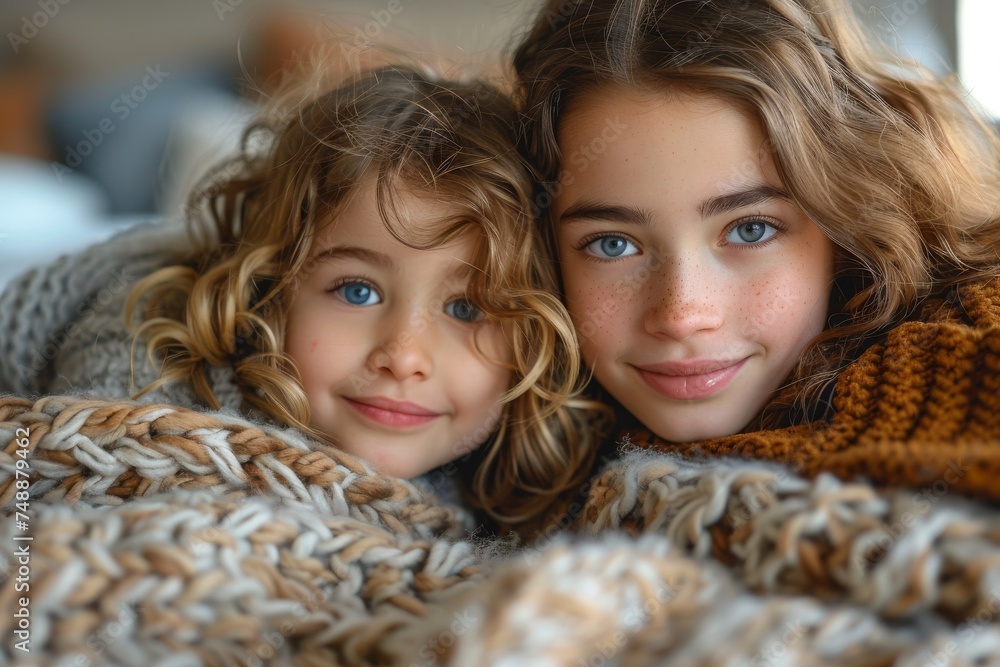 Indoor portrait highlighting the strong bond between two sisters with bright engaging eyes cuddled under a blanket Indoor portrait highlighting the strong bond between two sisters with bright engaging eyes cuddled under a blanket