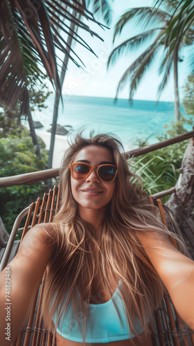 Une femme portant des lunettes de soleil en train de faire un selfie en voyage.