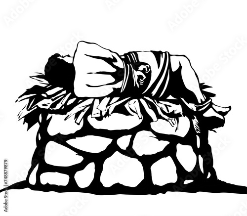 Man With hands tied on altar. Vector drawing
