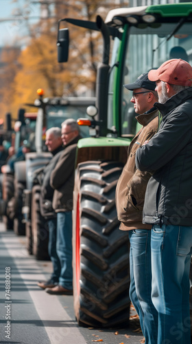 Des fermiers en train de manifester en ville avec leurs tracteurs au format portrait.