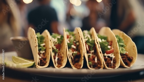 Close up of tacos with blured group of friends in background