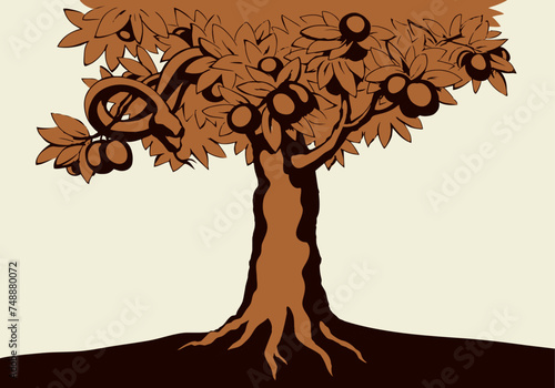 Serpent on the tree. Knowledge of good and evil. Vector drawing