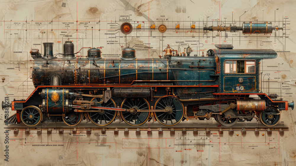 a construction blueprint in an exploded schematic style depicting instructions how to create the antique steam locomotive,generative ai