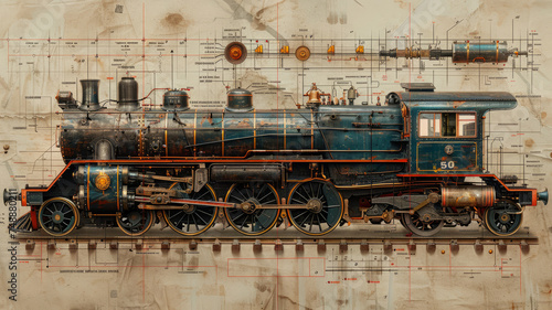 Obraz na płótnie a construction blueprint in an exploded schematic style depicting instructions how to create the antique steam locomotive,generative ai w salonie