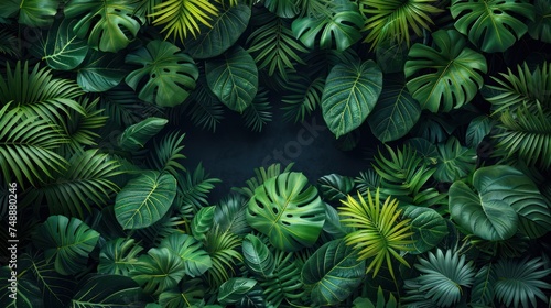 Tropical rainforest foliage plants bushes (ferns, palm, philodendrons and tropic plants leaves) in tropical garden on black background photo