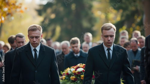 Deux hommes en deuil lors d'un enterrement. photo