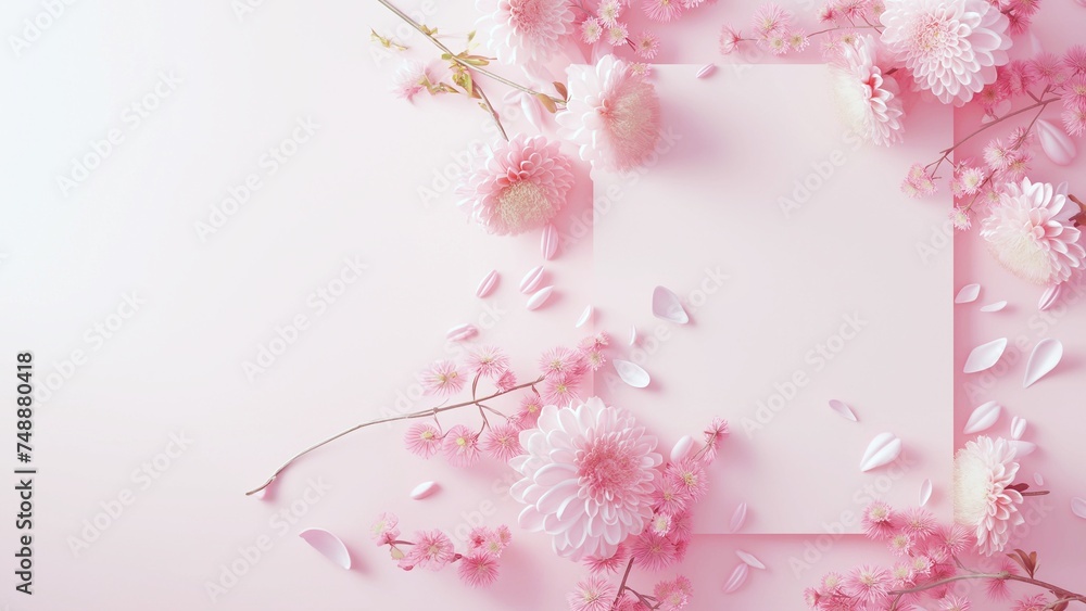 Fototapeta premium Frame of cherry blossoms, petals and pink chrysanthemums on a pastel pink background. Flower composition. Flat lay, top view, copy space. 