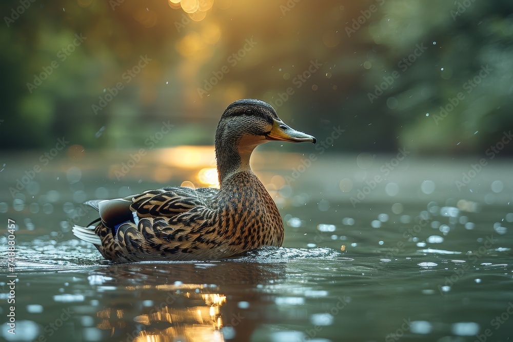 A single wild duck gracefully floats on the calm waters of a pond, reflecting the golden light of a sunset A single wild duck gracefully floats on the calm waters of a pond, reflecting the golden light of a sunset