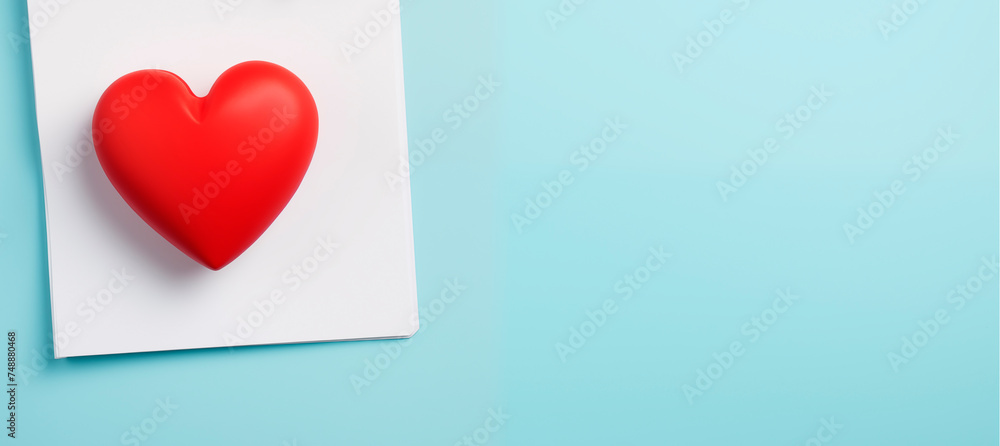 World Health Day. Red heart on a notepad, light blue background with copy space. Top view of a rubber heart. Medicine and health insurance concepts World Health Day. Red heart on a notepad, light blue background with copy space. Top view of a rubber heart. Medicine and health insurance concepts