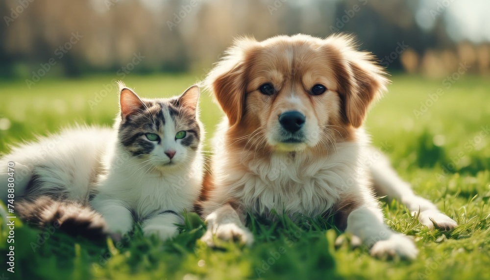 Cute dog and cat lying together on a green grass field nature in a spring sunny background