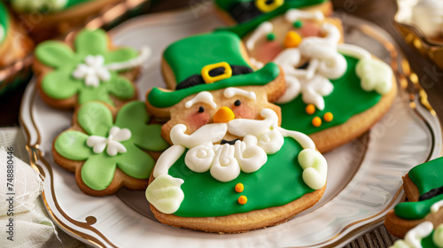 Detailed Leprechaun Cookie for St. Patrick's Day. A detailed close-up of a leprechaun-themed cookie, intricately decorated for St. Patrick's Day.