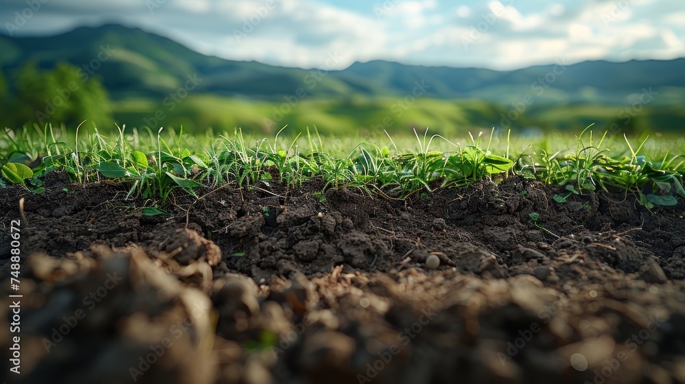 Underground soil layer of cross-section earth with grass on the top with hills view background - obrazy, fototapety, plakaty 