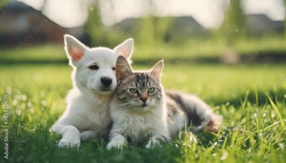 Cute dog and cat lying together on a green grass field nature in a spring sunny background Cute dog and cat lying together on a green grass field nature in a spring sunny background