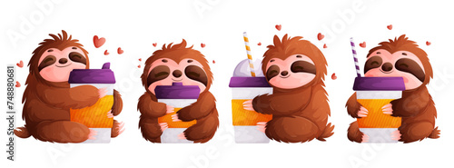 Set of sloths with coffee cups. Sloth hugs a glass of coffee drink. The idea of waking up after drinking an espresso or Americano.