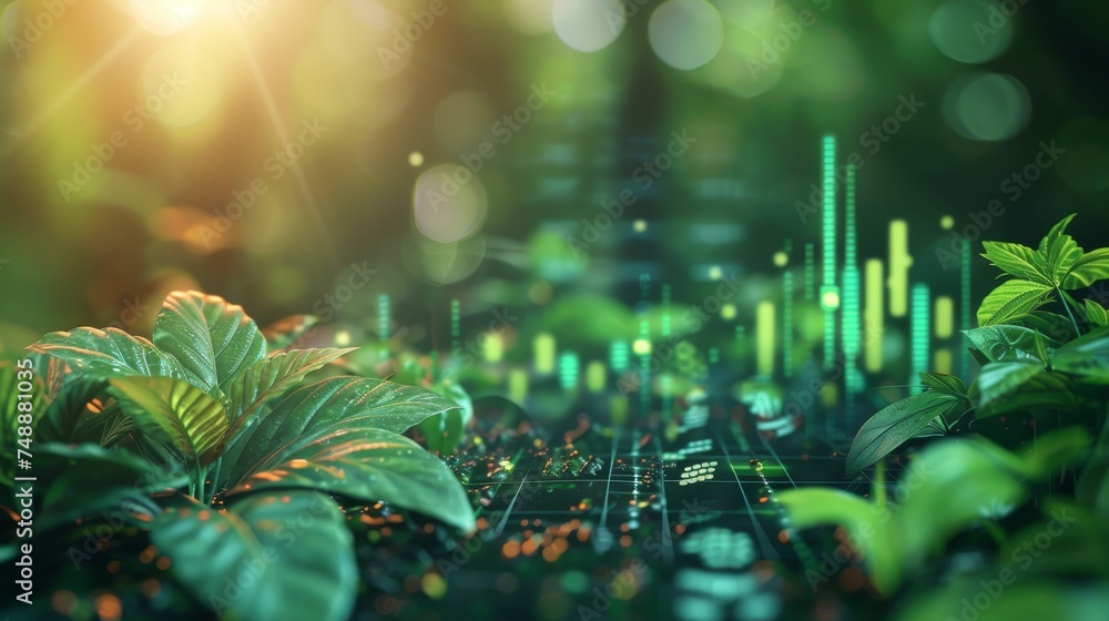 Green foliage foreground with a complex background of financial data visualization representing growth and economics.