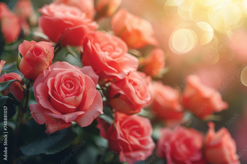 Fototapeta premium A romantic bouquet of pink roses stands elegantly in sunlight with a soft bokeh effect in the background