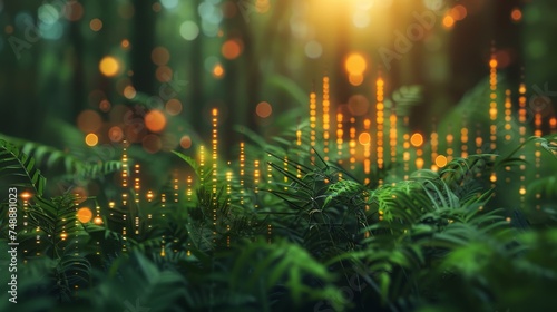 Lush forest foliage intertwined with glowing digital data lights, blending nature with cyber data concepts.