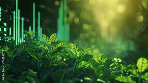 Vibrant green leaves against a backdrop of abstract digital growth bars in a conceptual nature and technology theme. photo