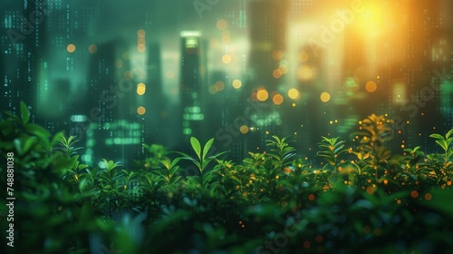 Lush greenery in the foreground contrasts against a backdrop of streaming urban data, symbolizing a data-driven society. © Rattanathip