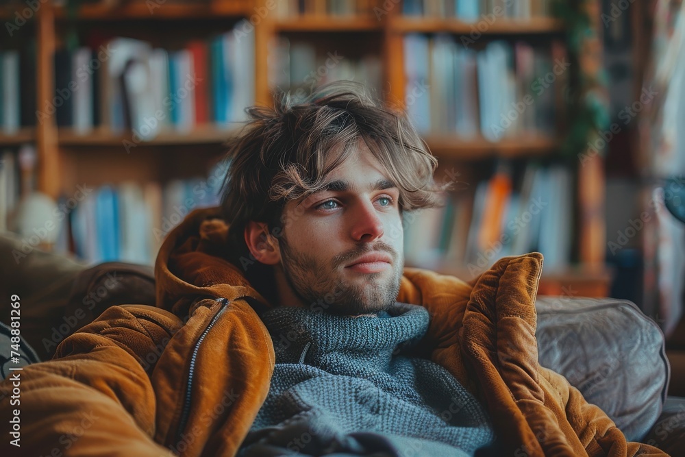 Obraz premium A young adult male lounges on a couch, wrapped in an amber blanket, with a bookshelf background