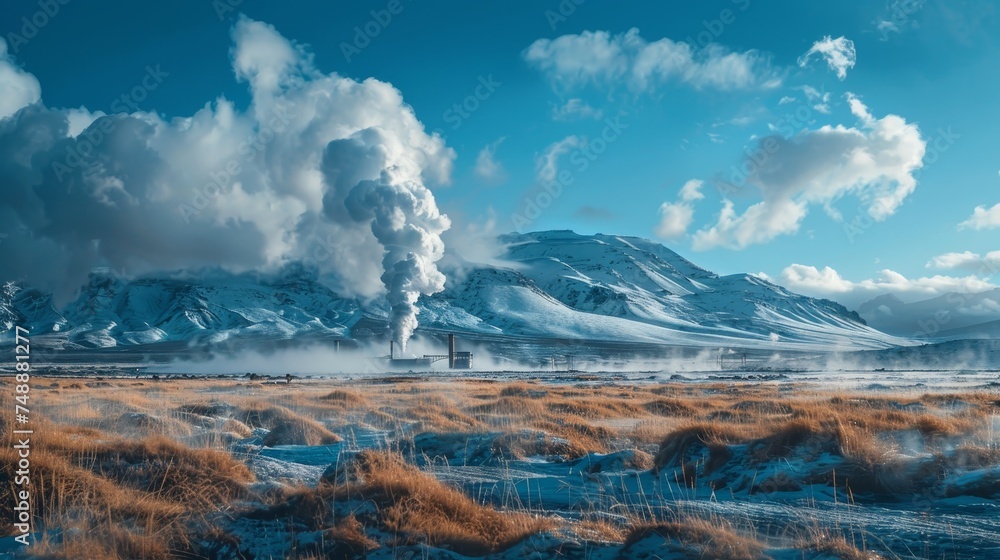 Steam rises from a geothermal power station against a backdrop of snow-covered mountains and a misty golden field.