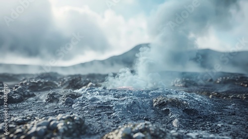 Ground-level perspective of a geothermal landscape, highlighting steam vents against a moody sky and volcanic terrain. photo