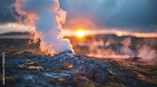 The sun sets behind a geothermal field, casting a warm glow on steam vents and moss-covered rocks.