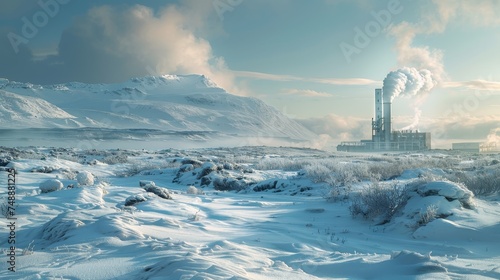 Early morning light bathes a snowy landscape featuring a geothermal power plant with steam rising into the sky.