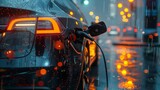 Close-up of an electric car being charged in the rain, with glowing city lights reflecting on wet surfaces.