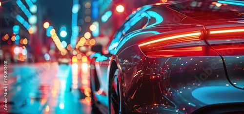 The sleek curvature of a modern car reflects the vibrant, blurry city lights at night, highlighting its sophisticated design and the urban environment. photo