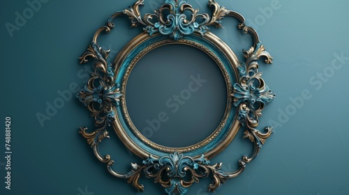 Vintage openwork bronze metal frame on a blue wall background, empty picture frame mockup photo
