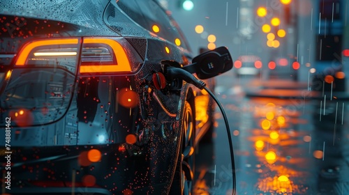 Close-up of an electric car being charged in the rain  with glowing city lights reflecting on wet surfaces.