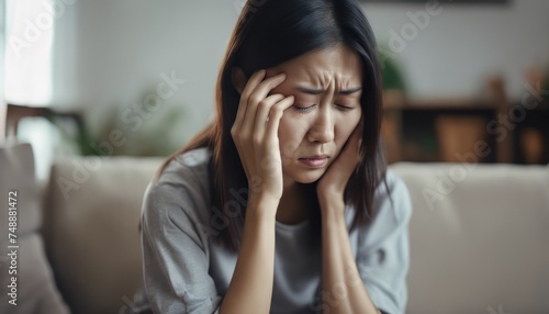 Dizzy asian young woman, girl headache or migraine pain suffering from vertigo while