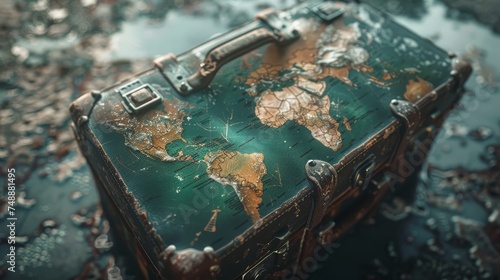 A classic vintage suitcase adorned with a world map sits atop a wet surface, evoking the spirit of travel and adventure.