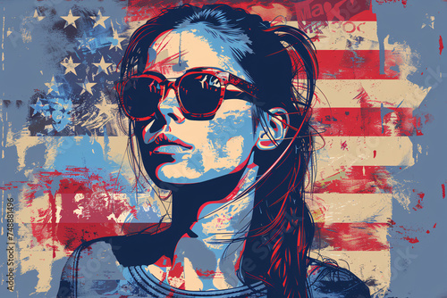 Woman with American flag overlay and grunge texture