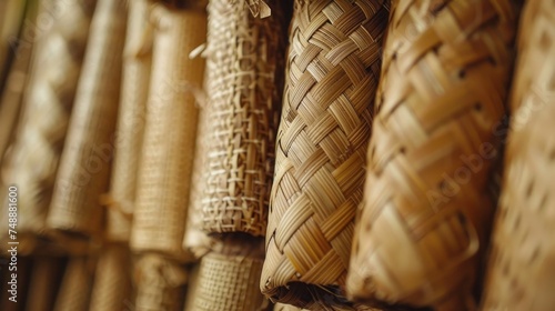 A collection of bamboo baskets, each featuring a unique weaving pattern, displayed in a soft focus to highlight the art of basketry. photo