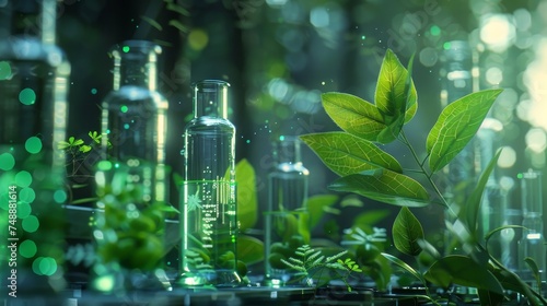 Plants and leaves intermingle with scientific glassware in a laboratory, symbolizing the fusion of natural botany with advanced research techniques.