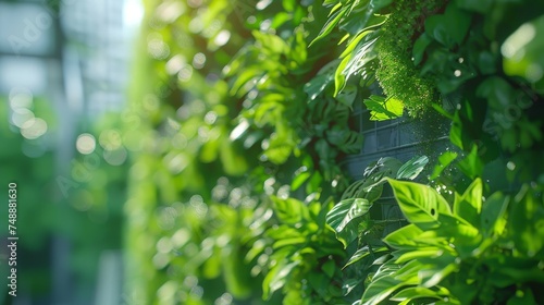 A living wall bursts with green leaves bathed in sunlight  a serene oasis in the urban environment that showcases sustainable design.